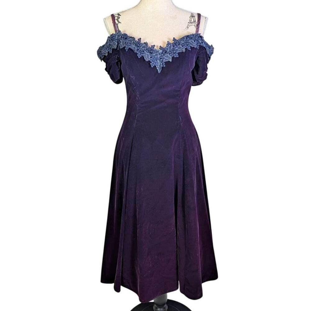 Vintage 90s Niki Originals Purple Velvet Beaded Lace Formal Dress
